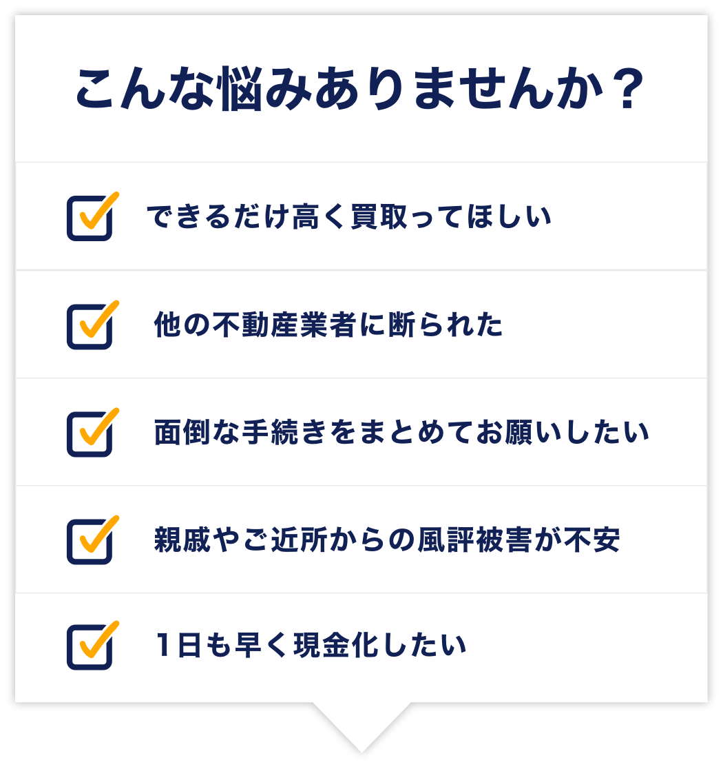 こんな悩みありませんか？出来るだけ高く買い取ってほしい／他の不動産業者に断られた／面倒な手続きをまとめてお願いしたい／親戚やご近所からの風評被害が不安／1日も早く現金化したい｜訳あり物件買取の一括査定なら「ワケアリ王」