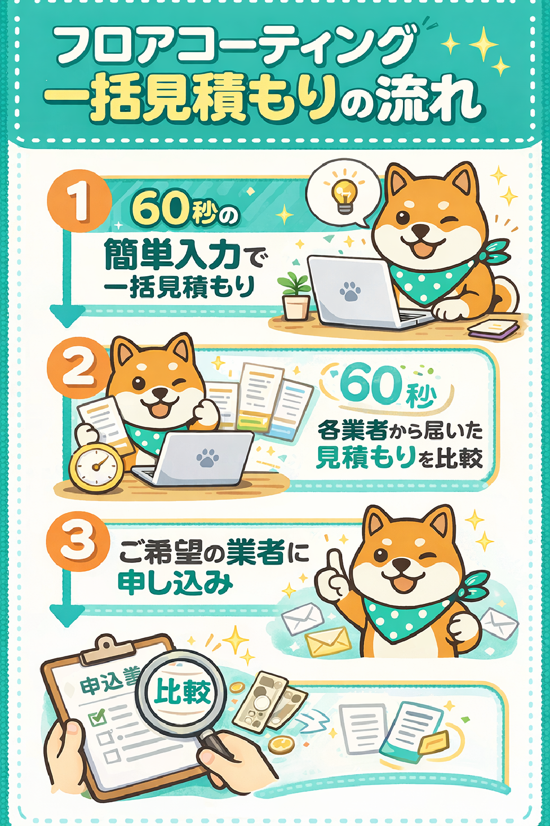 一括見積もりの流れ｜フロアコーティングの一括見積もりなら、床ピカ「一括見積もり」